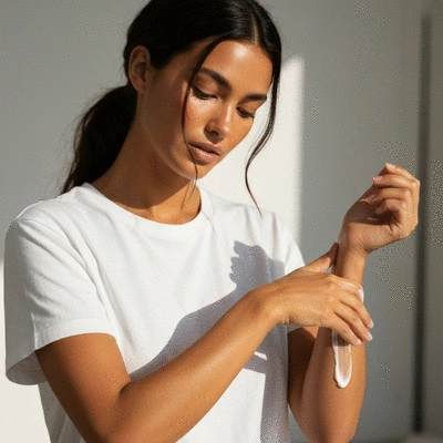 Woman applying organic moisturizer to her arm showing a glowing tan