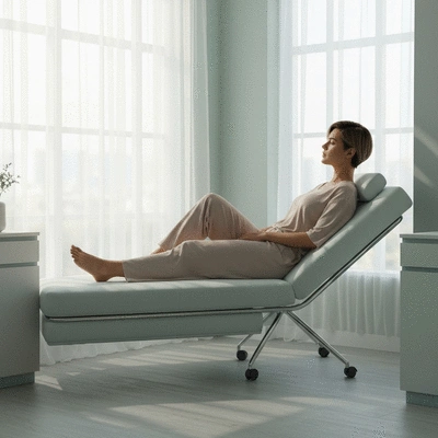Woman relaxing in a clean, well-lit room ready for a mobile spray tan, showing a clear 4x4 ft space, no text, no words, no typography, clean image