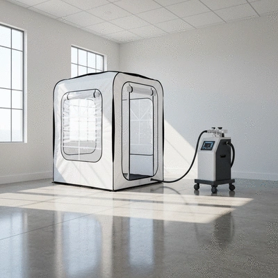 Professional mobile spray tanning equipment set up in a bright room