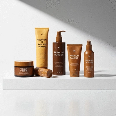 Assortment of premium tanning products beautifully displayed