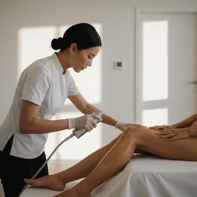 Professional applying a spray tan to a woman's leg in a clean, modern setting