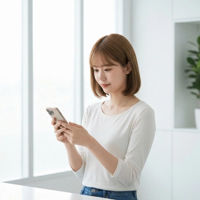 Woman using a smartphone to book an appointment online, clean and modern setting