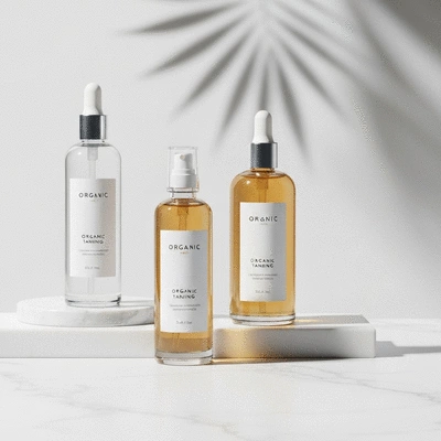 Bottles of luxury organic tanning solution on a clean white marble surface