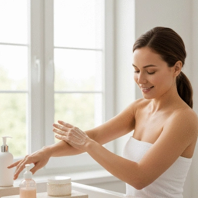 Woman exfoliating her arm with a gentle scrub