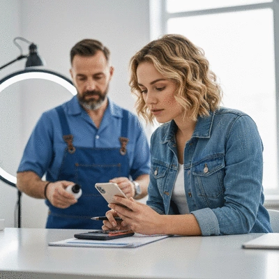 Woman looking at her phone, calculating expenses, while a professional prepares for a mobile spray tan in the background, no text, no words, no typography, clean image
