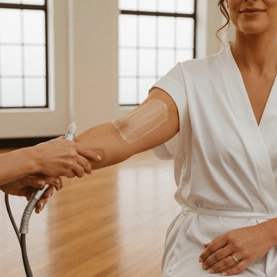 Professional applying spray tan to a bride's arm in a clean studio