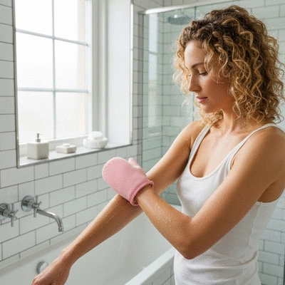 Woman exfoliating her arm with a mitt, clean bright bathroom, no text, no words, no typography, 8K, natural lighting
