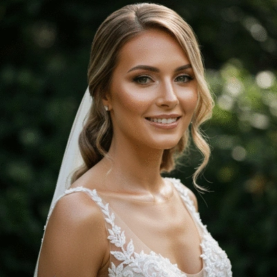 Radiant bride with a subtle, glowing spray tan on her wedding day