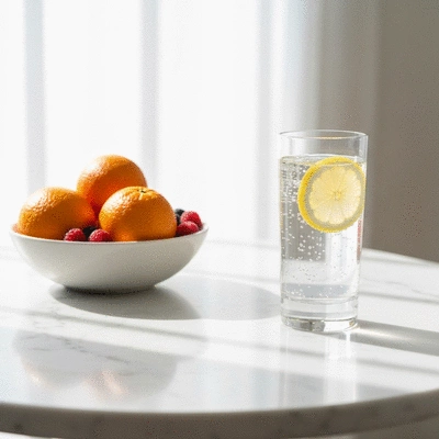 Glass of water and fresh fruit on a clean table